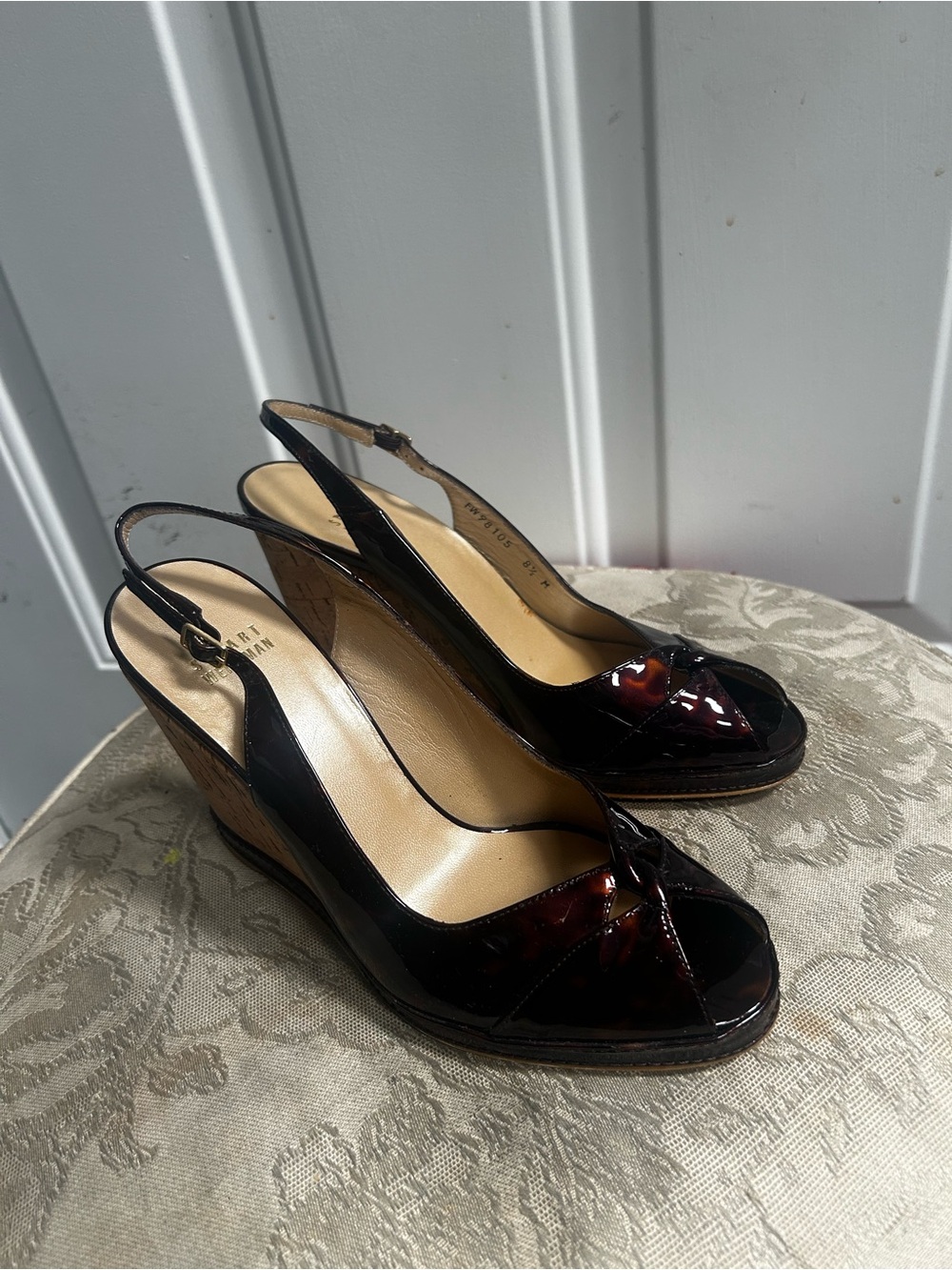 Stuart Weitzman  glossy tortoiseshell Patent leather  Peep-Toe Slingback Wedge